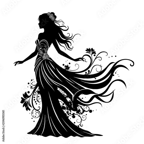 Elegant Silhouette of a Woman in a Flowing Gown with Floral Ornaments