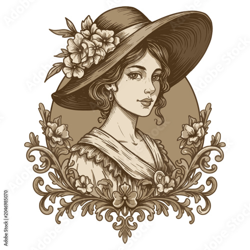 Vintage Woman Portrait with Flowers and Ornate Frame