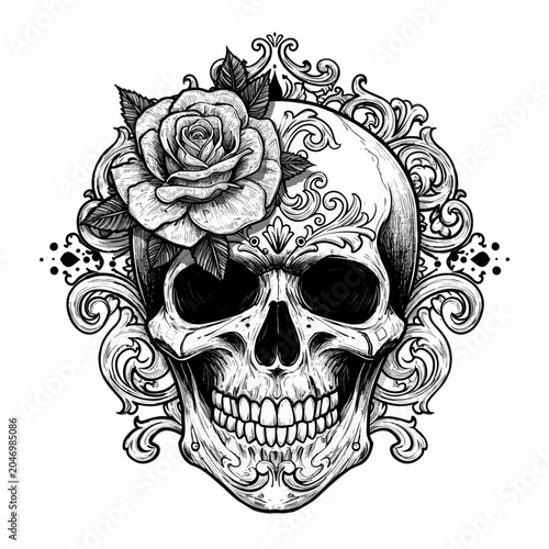 Ornate Skull with Rose and Baroque Flourishes Black and White Illustration