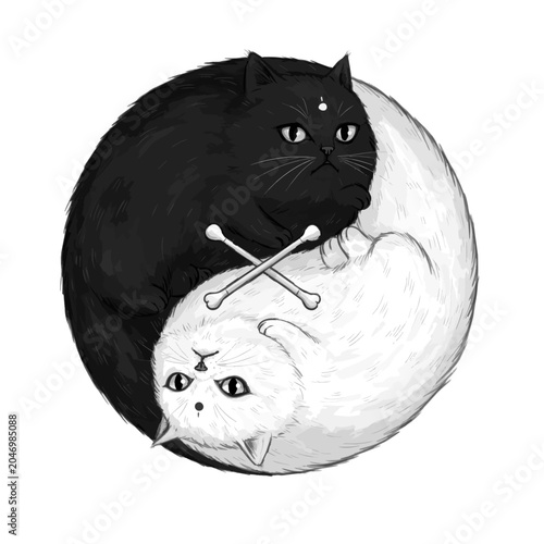 Yin Yang symbol formed by black and white cats with crossed cotton swabs