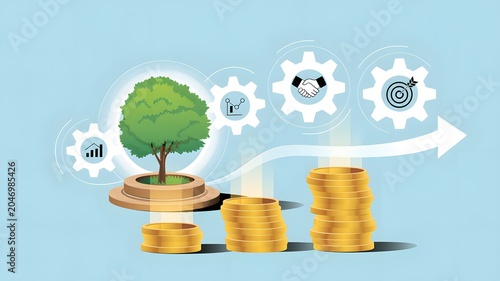 Stacked coins growing with a green tree and technology gears rising for fintech and sustainable economic growth concept