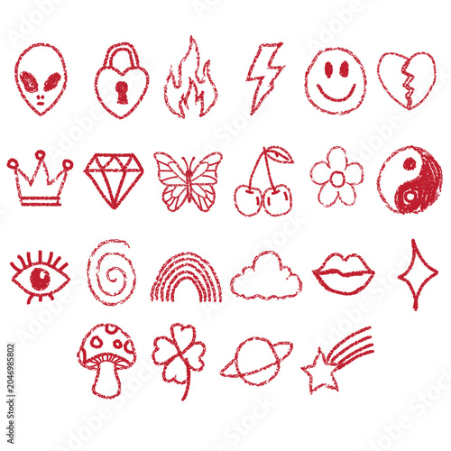 Cute Hand Drawn Doodle Icon Set with Y2K Aesthetic Symbols, Hearts, Alien, Butterfly, Rainbow and Celestial Elements Vector Illustration