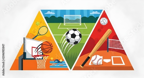 Vibrant triangle sports illustration featuring soccer basketball baseball tennis and volleyball