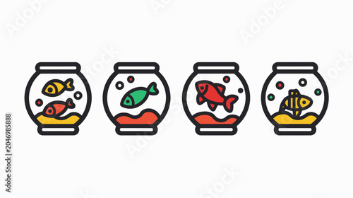 Four fishbowls each hold a colorful fish with bubbles, a simple and cheerful design