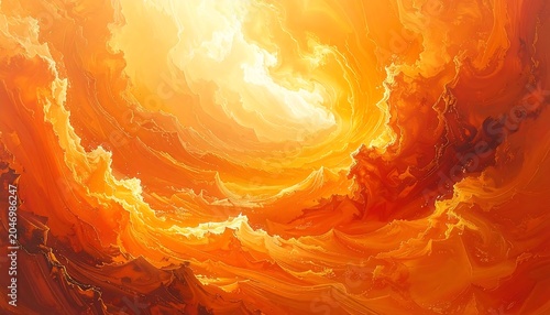 A vibrant swirling cloudscape depicts an intense light, painted with fiery oranges and golds, evoking celestial depth