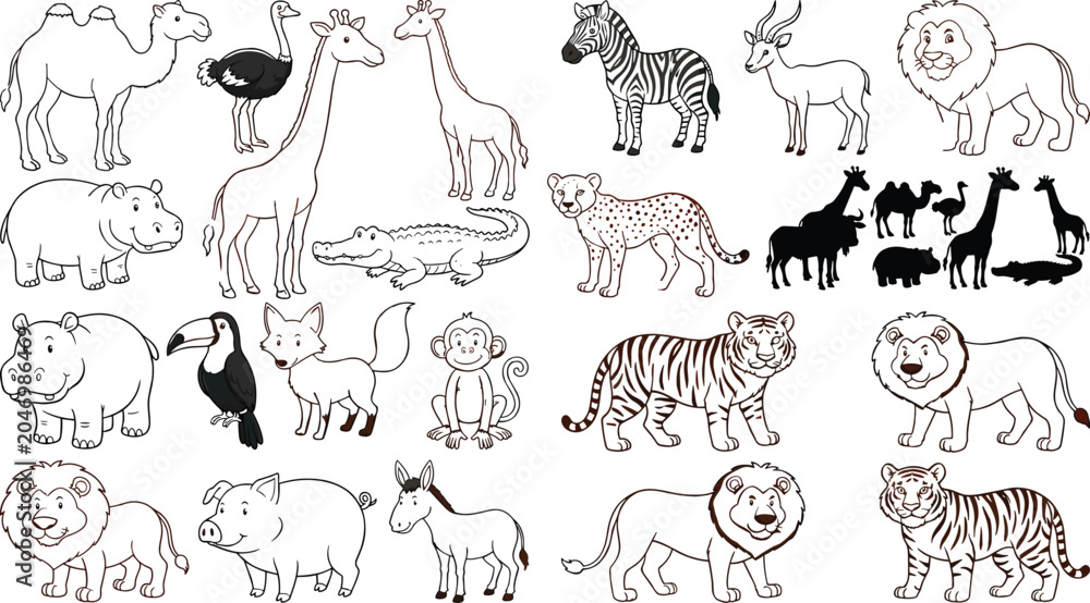 Naklejka premium Large collection of hand drawn african safari wildlife animals and black silhouettes vector illustrations isolated on white background