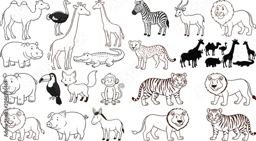 Bild auf Leinwand Large collection of hand drawn african safari wildlife animals and black silhoue