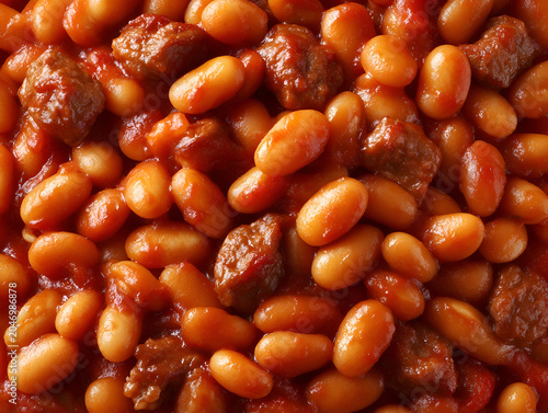 Close-up of baked beans with meat in rich tomato sauce, showcasing hearty texture and savory comfort food details.