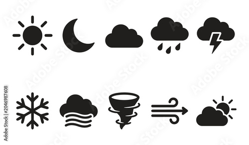 Cuadro en lienzo Black silhouette weather icons for meteorological reporting and climate forecasting