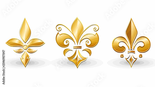 Three golden fleurs-de-lis, each with unique shape and shadow, against white backdrop