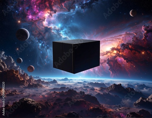 A mysterious black cube floats in space amidst colorful nebulae and planets