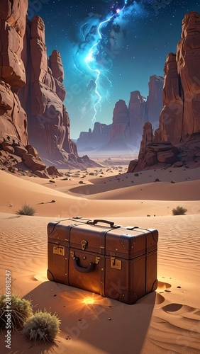 A mysterious chest in a desert landscape under a stormy sky