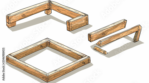 Illustration of wooden frames and parts in an isometric view against white