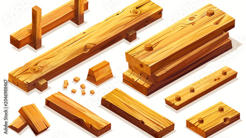 Isometric illustration of wooden planks, beams, and small square wood pieces on white