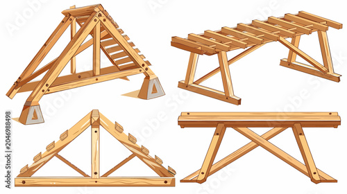 Illustration depicts various wooden structures, including roof trusses and beams, set against a white background
