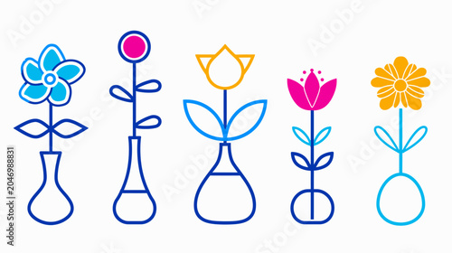 Row of stylized, outlined flowers in vases on a white background, colorful and simple