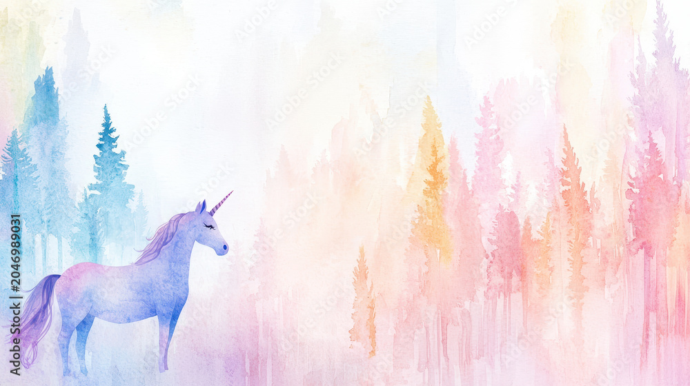 Fototapeta premium Whimsical watercolor illustration of unicorn standing in colorful forest landscape, evoking sense of magic and wonder