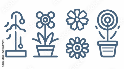 Four simple icons of plants/flowers in pots, with stylized linework, soft gray-blue hue