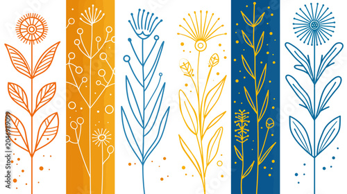Six stylized floral drawings, colorful backgrounds, botanical art, outlined flowers on white background