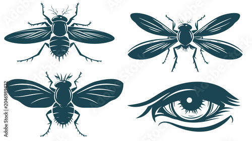 Dark teal silhouette of three flies and one human eye. Isolated on white background