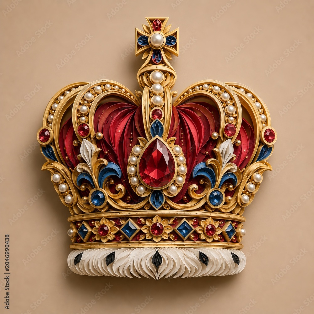 Fototapeta premium A royal crown brooch created from layered folded paper sheets forming jeweled ornamental contours and dimensional decorative symmetry with intricate detailing. With gold, ruby red, blue gradients