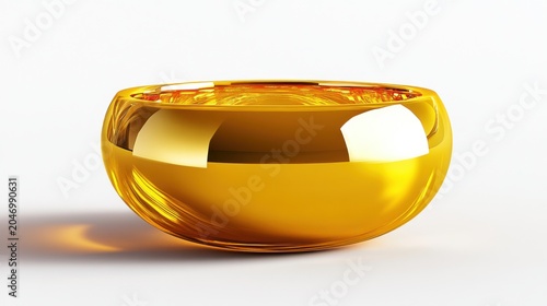 Shiny Gold Bowl on White Background with Reflections and Highlights