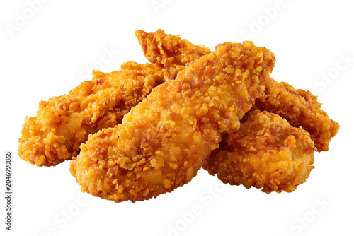 Crispy golden chicken tenders with a crunchy breaded coating, fried to perfection and isolated on a clean background.