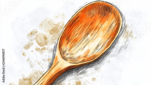 Hand-Drawn Wooden Spoon on a Textured Background with Splashes