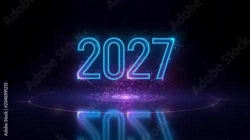Neon 2027 New Year glowing typography on a dark stage with reflections and particles
