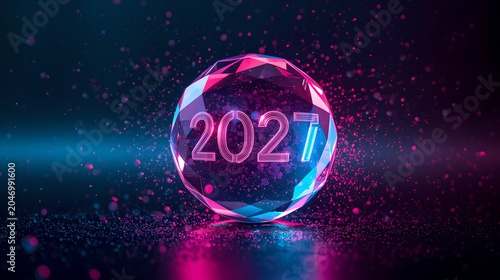 Magical crystal ball glass sphere reflecting glowing pink 2027 neon text with cosmic glitter particles and dark ground