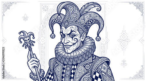 Schilderij op canvas Jester With Scepter, Medieval Character, Fantasy Art, Black and White
