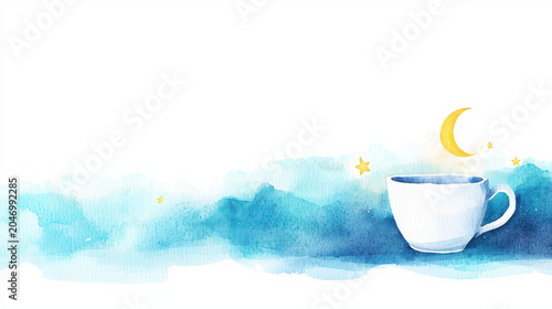 Serene watercolor painting featuring cup, moon, and stars, evoking calm and dreamy atmosphere