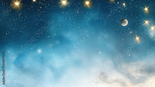 Stunning cosmic scene featuring starry night sky with twinkling stars and glowing moon, evoking sense of wonder and tranquility
