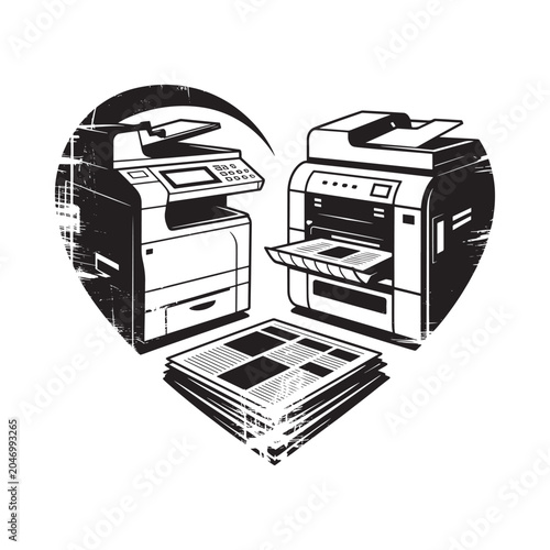Tableau sur toile Two photocopiers and a stack of papers forming a heart shape