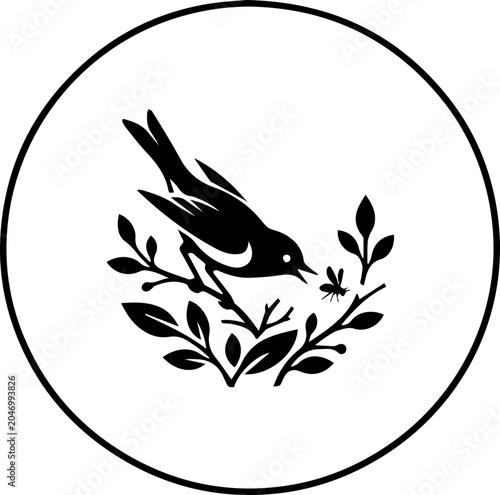 black warbler sit on branch ang hunting
