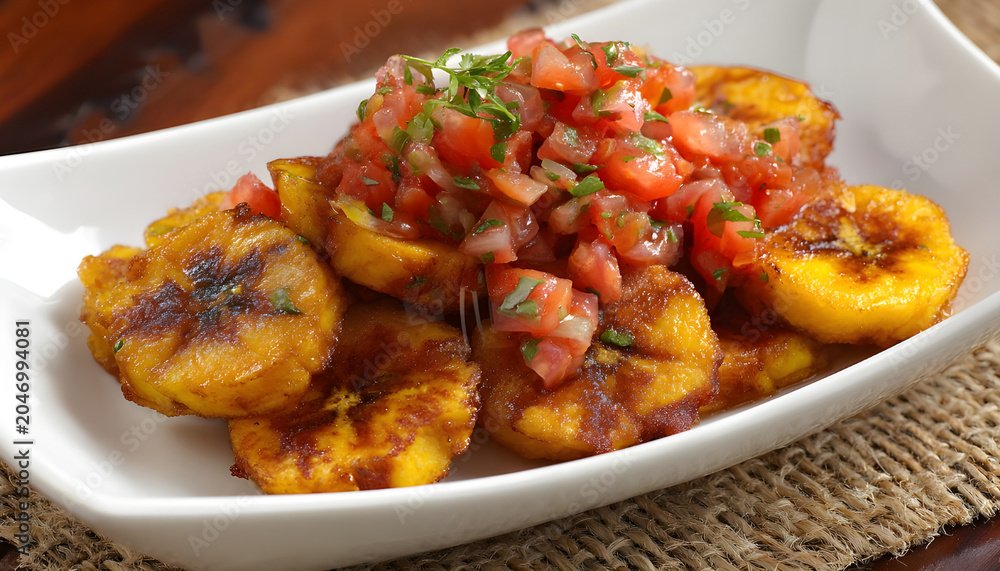 Fototapeta premium Colombian-Style Fried Plantains with Tomato-Onion Sauce
