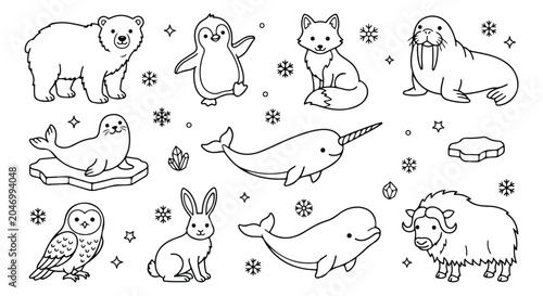 Foto Arctic animals coloring page set, cute polar wildlife line art icons, 10 winter