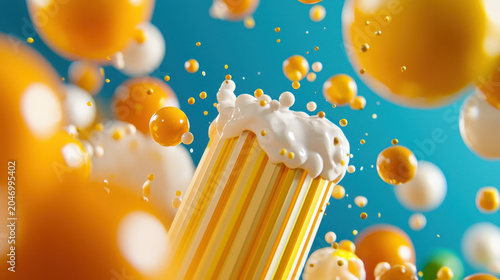 Vibrant and playful illustration featuring beer glass surrounded by colorful bubbles and foam, evoking sense of fun and celebration