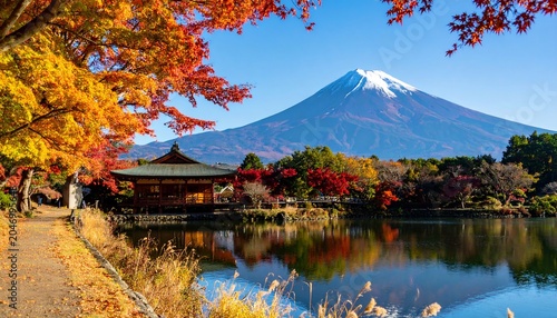 Mount Fuji and Autumn Temple.