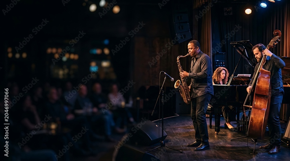 Fototapeta premium Jazz musicians performing live on stage in a dimly lit club