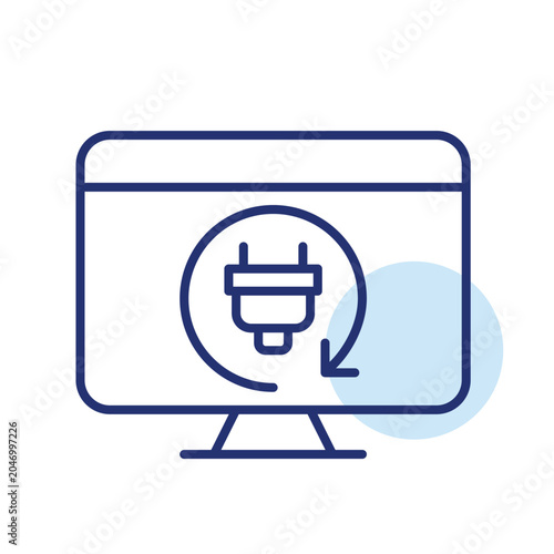 Instant workstation virtualization, rapid hardware optimization, seamless remote workflow synchronization. Plug in renew arrow on computer screen. Pixel perfect, editable stroke vector icon