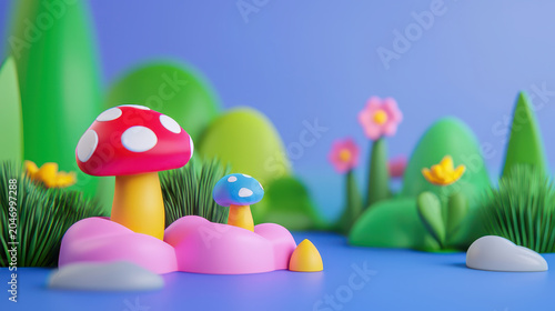 Colorful mushrooms and vibrant plants create whimsical landscape with playful shapes and bright colors, evoking sense of joy and imagination