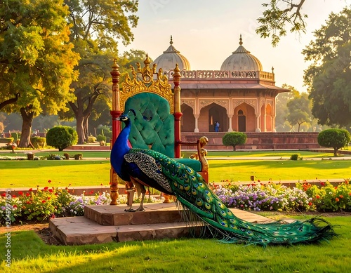 A vibrant peacock perched on an ornate throne in a lush garden, with a classical structure in the backdrop under a golden sunlight