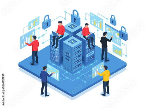 A dedicated team of IT professionals actively monitors and manages secure cloud servers, analyzing complex network data through interactive floating dashboards within a dynamic, interconnected system