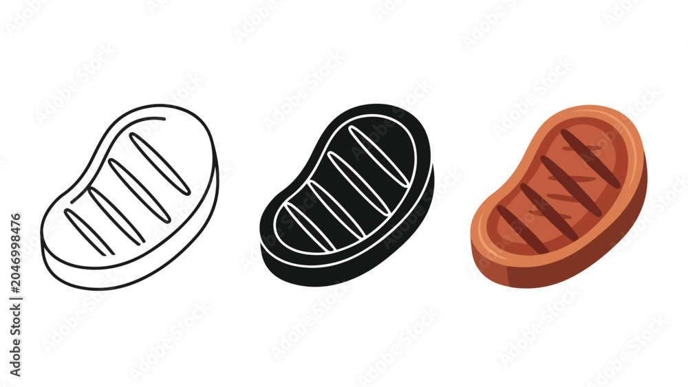 Obraz premium Grilled steak meat vector icon set: Icon set - Minimalist, flat icon, outline, glyph, linear, clipart, sticker 