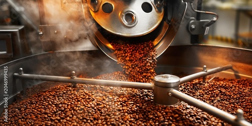 Freshly roasted coffee beans tumbling from an industrial roaster with steam rising