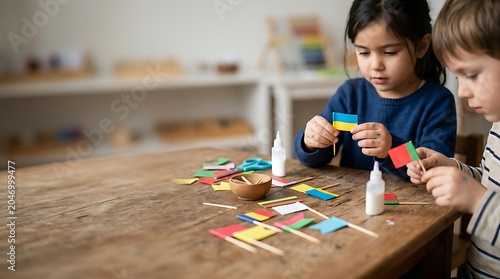 Focused girl and boy crafting colorful paper flags in a classroom
