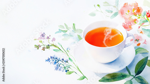 Serene watercolor painting featuring cup of tea surrounded by delicate flowers, evoking sense of calm and tranquility