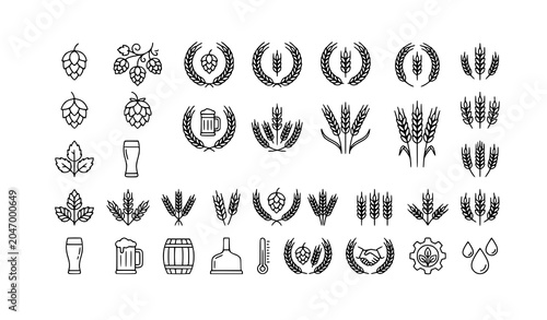 Minimal hop and brewing symbol collection black vector design