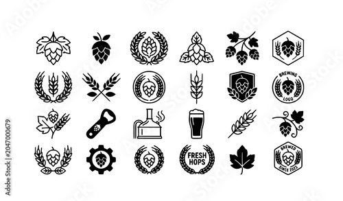 Modern brewery hop icon pack with wheat wreath black vector